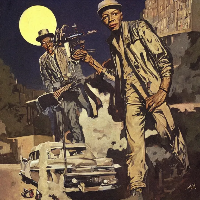 Image similar to scifi Robert Johnson by Robert McGinnis, pulp comic style, circa 1958, photorealism