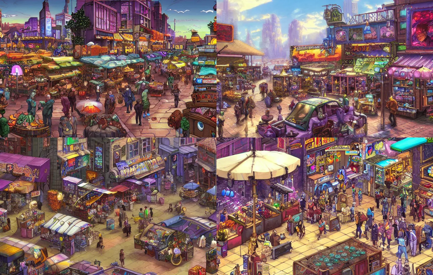 Prompt: a crowded city marketplace, at midday, from a cyberpunk point and click 2 d graphic adventure game, art inspired by thomas kinkade, king's quest, sierra entertainment games