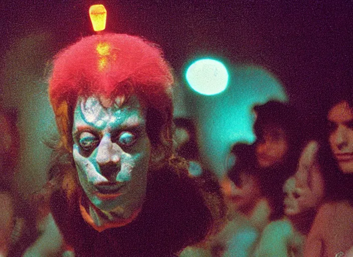 Prompt: underground carnival scene from a 7 0's movie by chris cunningham, kenneth anger and alejandro jodorowsky : : close - up of one freak actor showing a surreal object to the camera : : shallow depth of field : : cinestill 8 0 0 tungsten 3 5 mm, high quality, novel color scheme, 8 k