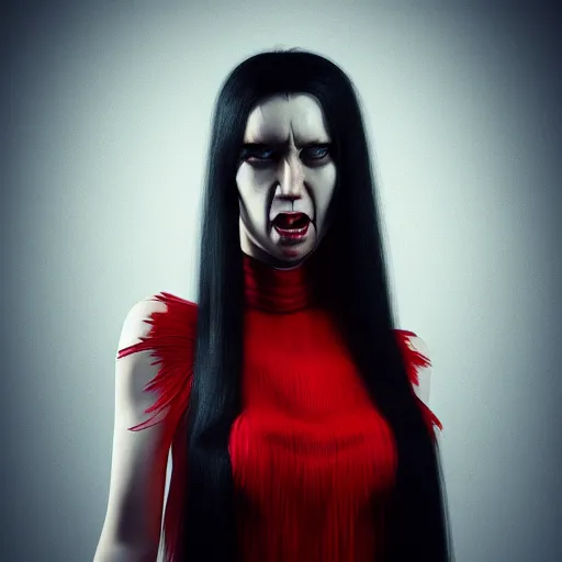 Prompt: portrait of a woman with long black hair, angry expression, red dress scary, 4k, highly detailed face, beautiful, octane render, cgi, cgsociety, dark lighting, artstation, high quality, depth of field, ambient occlusion,