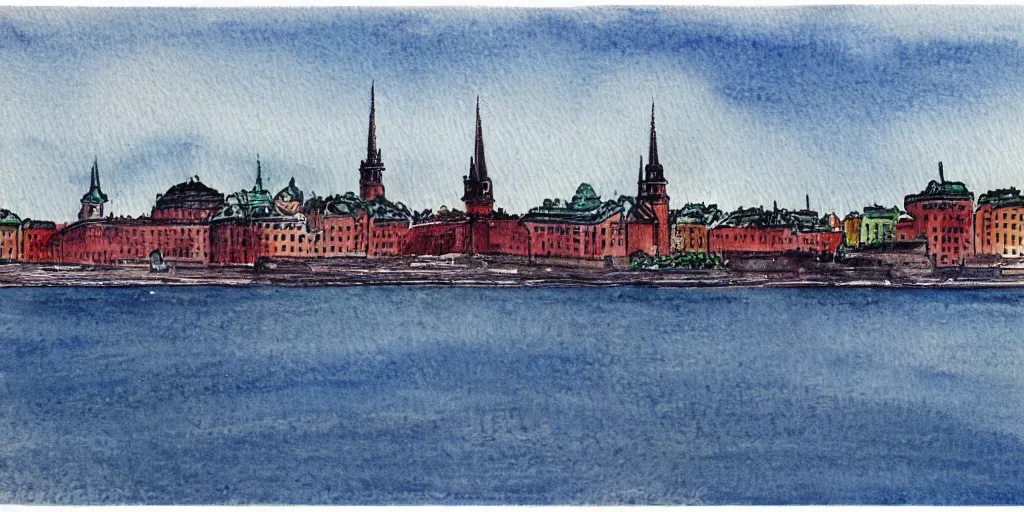 Image similar to Stockholm seen from the sea, realistic watercolour