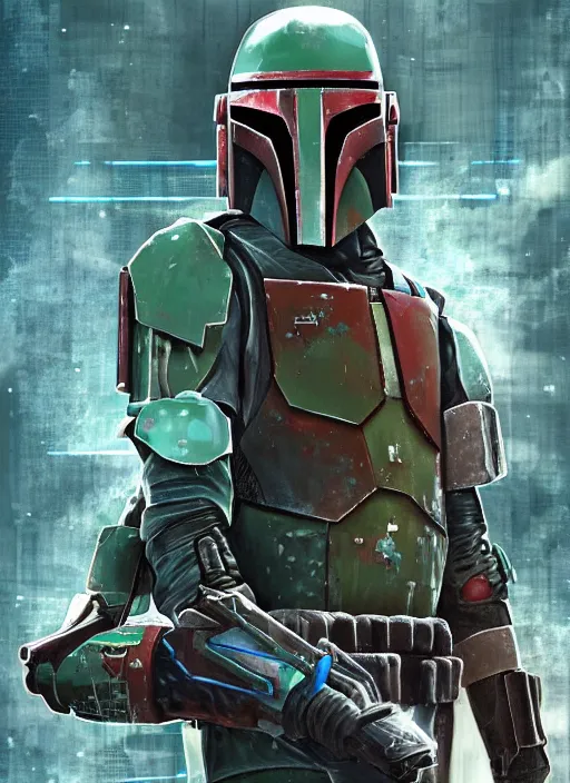 Prompt: cyberpunk x boba fett, digital art, character mashup, epic lighting, combination art