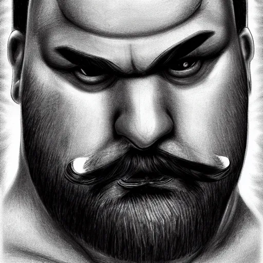 Image similar to face portrait a big beefy man with a large face, thick dark hair, a bushy black moustache, with hardly any neck and mean little eyes, highly detailed, digital art, sharp focus, trending on art station, charcoal drawing