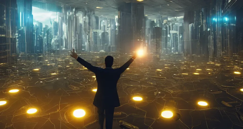 Prompt: Dramatic photo of a CEO, with his back towards the camera, waving to a large group of his coworkers in the background inside a futuristic office. Golden coins are levitating all around them. 8k, high detail, trending on Artstation, volumetric lighting, cyberpunk