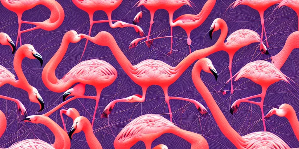 Prompt: highly detailed generative art, irregular fractal of flamingos, background of irregular warped polygons, 4 k hdr