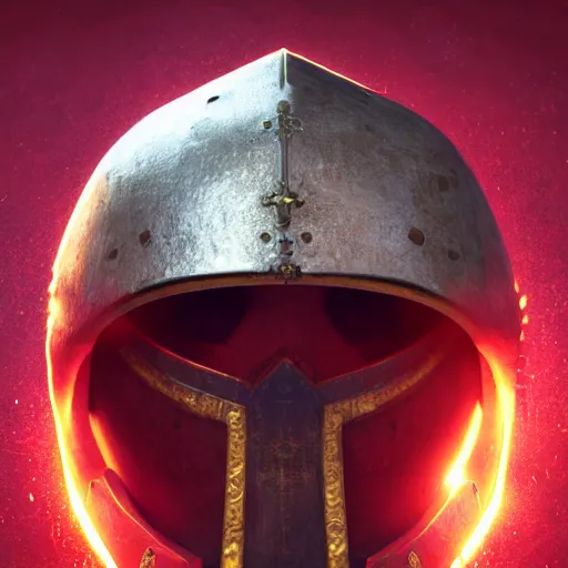 Image similar to game - icon of medieval swords crossed, medieval helmet in the back, red powerful fantasy epic legends, game icon stylized, digital illustration radiating, a glowing aura, global illumination, ray tracing, 8 k high definition, intricate details, octane render, unreal engine, trending on arstation