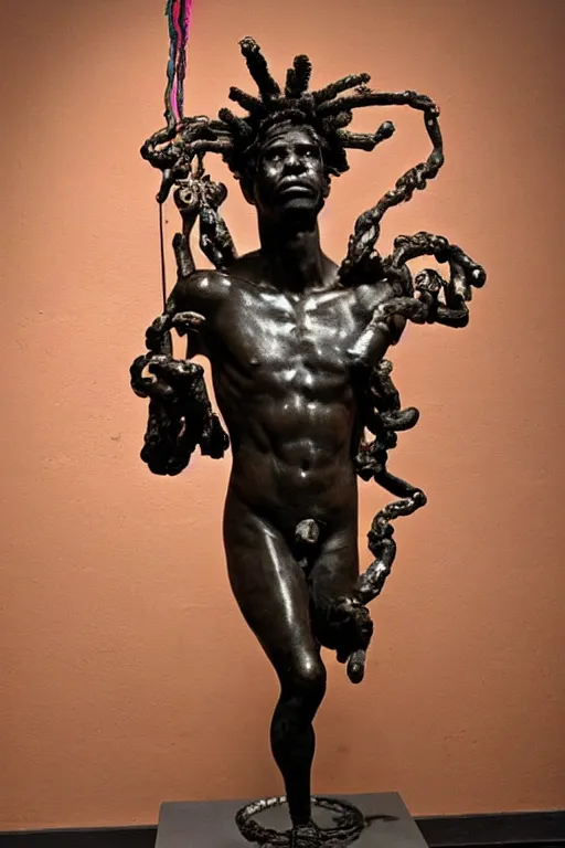 Image similar to Jean-Michel Basquiat as a full-body bronze baroque statue of Icarus in the posing like a bird for flight made entirely out of pipe cleaners, crown of peach roses made out pipe cleaners, flowing pink-colored silk, colorful pipe cleaners, flowers. baroque elements, human skull. full-length view. baroque element. intricate artwork by caravaggio. many many birds birds on background. Trending on artstation, octane render, cinematic lighting from the right, hyper realism, octane render, 8k, depth of field, 3D