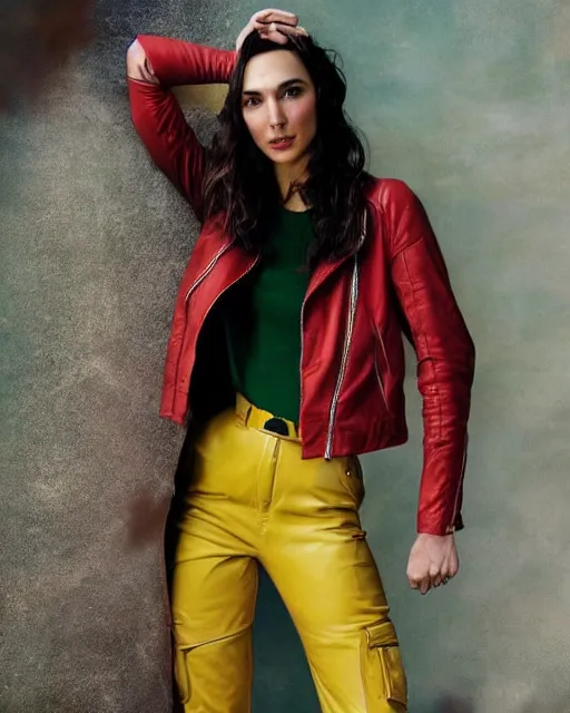 Image similar to photos of gal gadot wearing a yellow leather jacket, green cargo pants, a red silk blouse, and baseball cap on her head, photoshoot in the style of annie leibovitz, photorealistic, soft focus, bokeh