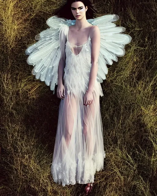 Prompt: annie leibovitz style photoshoot editorial of kendall jenner wearing a fairy dress with cream lace bodice with sleeves of sheer pale blue sequins