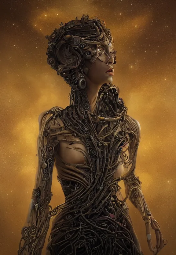 Image similar to epic portrait of menacing and anxious yet stunningly beautiful biomechanical djinn overseeing the iridescent fabric of time and space, by charlie bowater, mandy jurgens, gustav klimt, octane render, dramatic camera angle, 4k, 8k, high detail, HDR, by tom bagshaw, powerful, with inspiration from Beksinski, inspired by greek goddess Athena