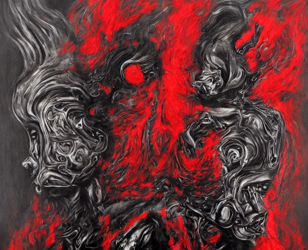 Prompt: my head is covered with black and red smoke, a painting by h. r giger and salvador dali. hyper detailed portrait.