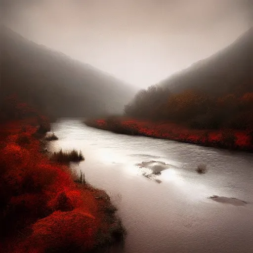 Prompt: painting of a beautiful river landscape by michal karcz., taken by a disposable camera | horror | nightmare