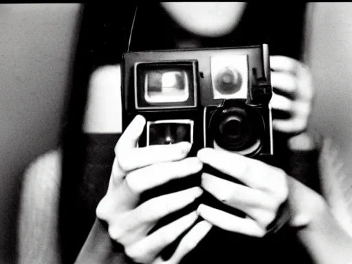 Image similar to beatnik girl holding a Polaroid camera, film still by Jean-Luc Godard, nouvelle vague, color film