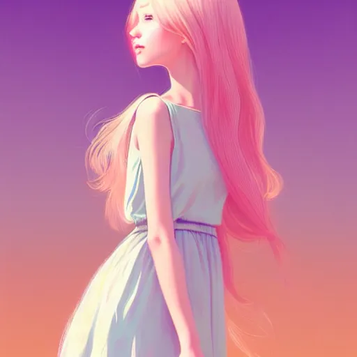 Prompt: young girl in summer dress art, pastel light pink long hair, muted colors, matte print, pastel colors, ornate, digital art, digital painting, fan art, elegant, artstation, head is centered, by Ilya Kuvshinov