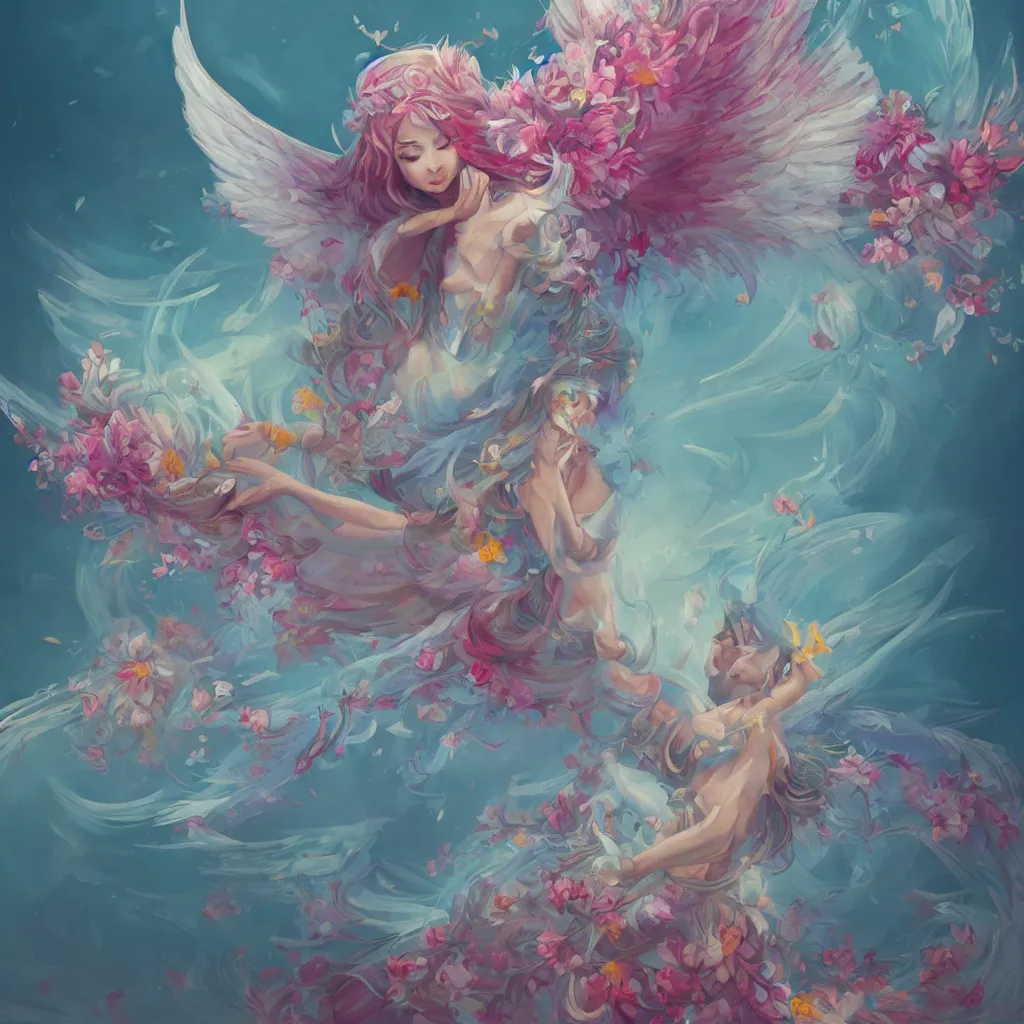 Image similar to a colorful and provenance illustrations painting of the fantasy angel flying with floral wings, highly detailed, her hair made of hair made of air wind and curling smoke and mist, the wings made of flowers, spirit fantasy concept art, art by aenami, alena, afshar, petros and leonid, trending on artstation.