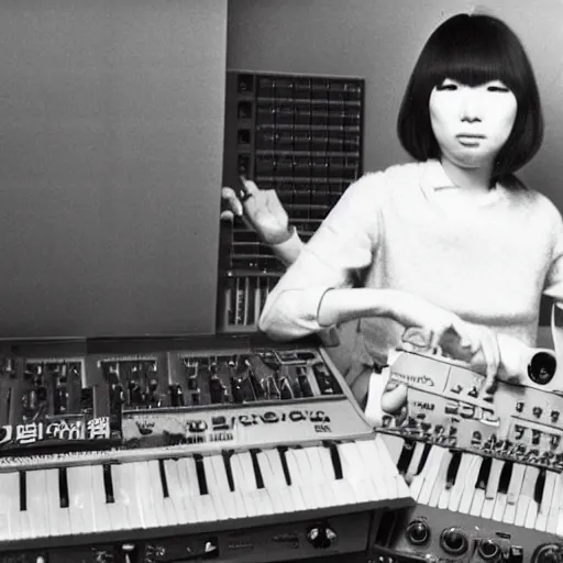 Image similar to 1 9 7 0 s photo of a female japanese musician playing a vintage modular synthesizer, hazy, faded