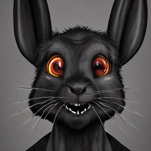 Prompt: A extremely highly detailed majestic hi-res beautiful, highly detailed head and shoulders portrait of a scary terrifying, horrifying, creepy black cartoon rabbit with scary big eyes, earing a shirt laughing maniacally , let's be friends, in the style of Walt Disney