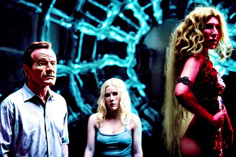 Image similar to film still of bryan cranston and kesha and a cyborg woman in cosmic horror! the musical by david cronenberg, budapest street background, 3 5 mm film, atmospheric, ultra fine detail, film grain, photorealistic, hyperrealistic dramatic lighting