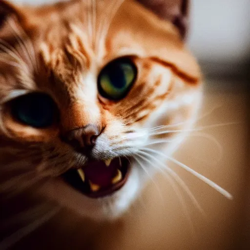 Prompt: photo of a cream colored cat meowing loudly into a black microphone, hyperrealistic, studio lighting, bokeh blur, close up, very detailed, sharp