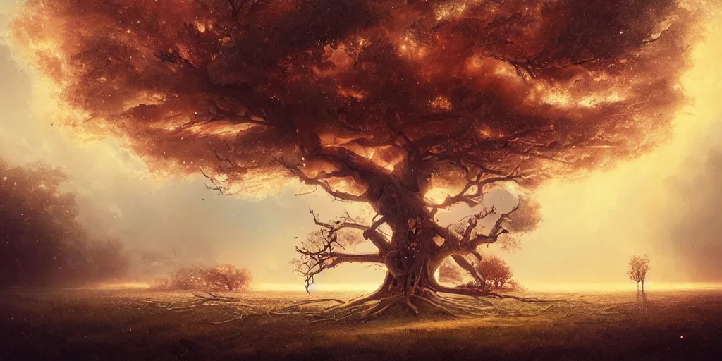 Image similar to tree struck by lightning by tom bagshaw, rococo, 8 k illustration, golden hour intricate, richly detailed, photorealistic imagery, artstation render inspired by alena aenami