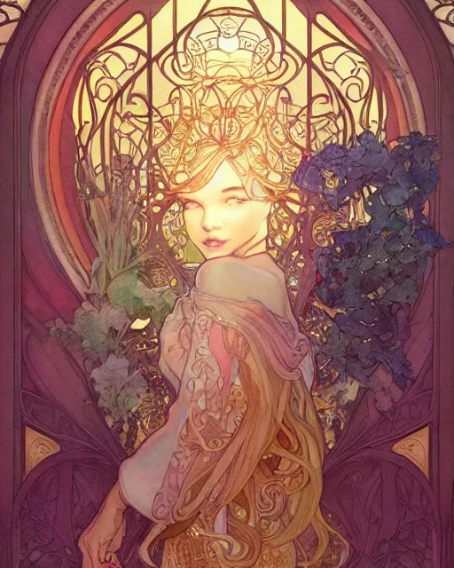 Image similar to a angle, highly detailed, very intricate, art nouveau, gold filigree, romantic storybook fantasy, soft cinematic lighting, award - winning, disney concept art watercolor illustration by mandy jurgens and alphonse mucha and alena aenami, pastel color palette, featured on artstation