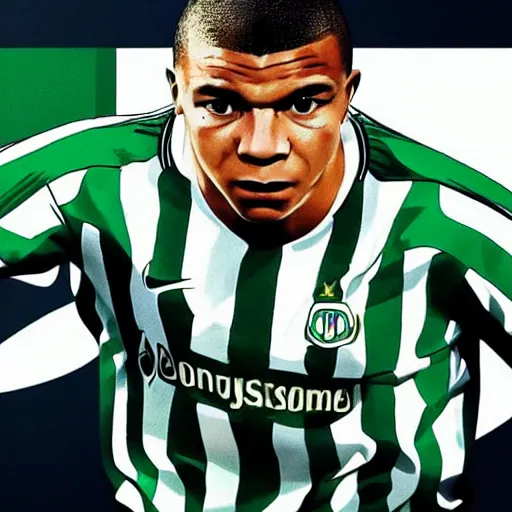 Image similar to kylian mbappe dressed with the betis football team shirt in the benito villamarin, 4 k extremely photorealistic, high contrast colors, hyper detailed!!