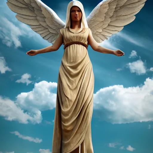 Image similar to gigantic biblical depiction of an angel mixed with a woman, towering over a vast landscape, cinematic, realistic, photorealistic, detailed, white body, global illumination, volumetric lighting, 8 k, beautiful, majestic clouds