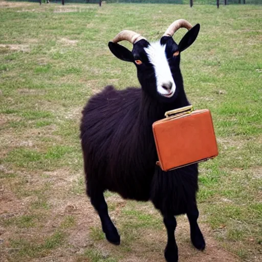 Image similar to an goat wearing a fancy suit and holding an briefcase in a goatfield