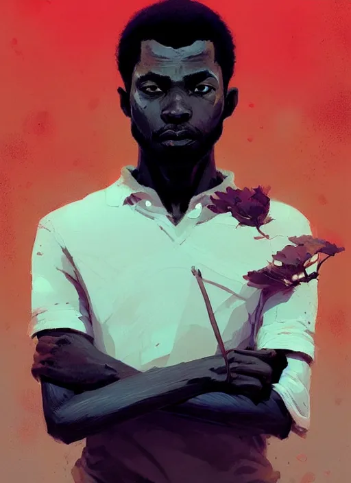 Image similar to dream highly detailed portrait of a black man looking confused, unaware of his surrounding, magnificent, photographic realistic background, by atey ghailan, by greg rutkowski, by greg tocchini, by james gilleard, by joe fenton, by kaethe butcher, trending on instagram, award winning details