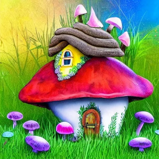 Realistic digital art of fantasy mushroom cottage, Stable Diffusion