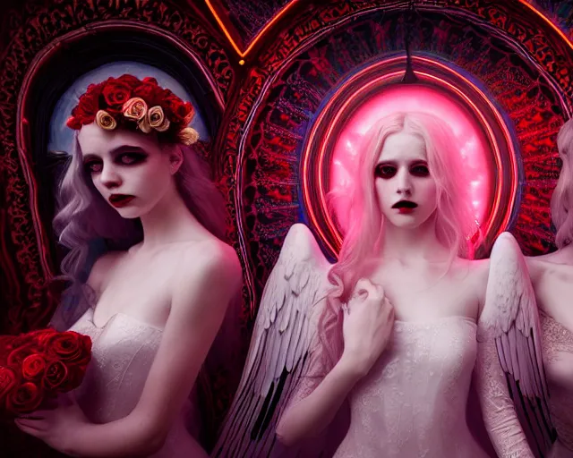 Prompt: three stunning otherworldly gothic goddesses with beautiful angelic faces, wearing psychedelic wicca, in wedding dresses, red neon roses, full body, dark and mysterious, atmospheric, ominous, eerie, cinematic light, epic, 8 k 3 d, ultra detail, ultra realistic, by wlop, by mucha