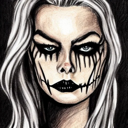 Image similar to grunge drawing of margot robbie in the style of jack skellington