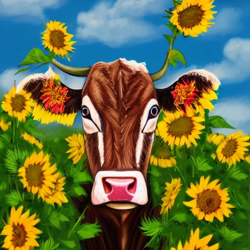 Prompt: head portrait of southern belle cow, surrounded by sunflowers outside in a field, 4k, illustration