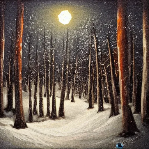 Image similar to snowy forest night scene in a single wooden cabin surrounded by the woods with one illuminated window, horror dark contrast, oil painting