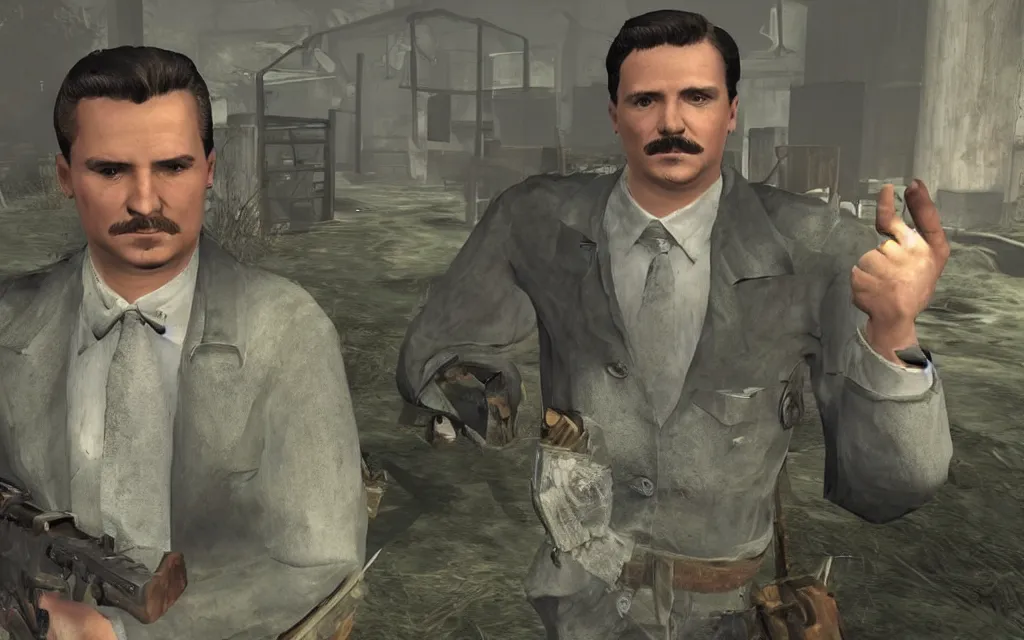 Prompt: young Lech Wałęsa as a shady main character in a bethesda game,