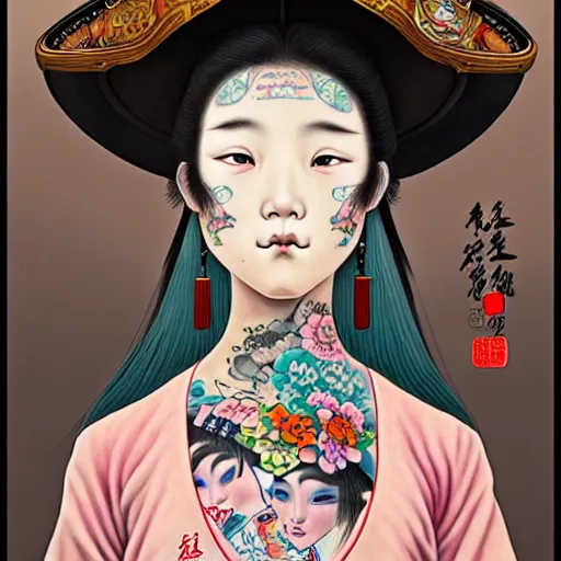 Image similar to full view of a girl from the qing dynasty with tattoos, wearing an american cowboy hat from the old west, in the year 2 0 4 0, style of yoshii chie and hikari shimoda and martine johanna, highly detailed