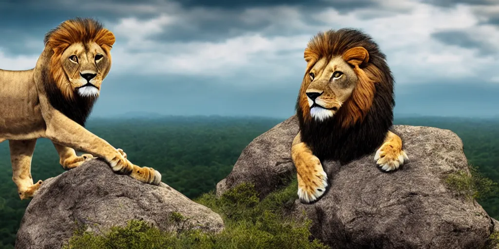 Image similar to hyperrealistic photo of a lion roaring on top of a rock over looking the jungle, 8 k