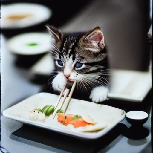 Prompt: a kitten eating sushi with chopstick, 3 5 mm photography