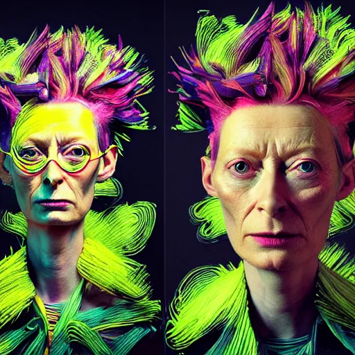 Image similar to a realistic octane render physically based rendering punk neon tilda swinton, trending on artstation, by archan nair and marlene dumas, intricate details, flowers, in the style of frank auerbach, in the style of martin ansin, in the style of david aja, by kandinsky