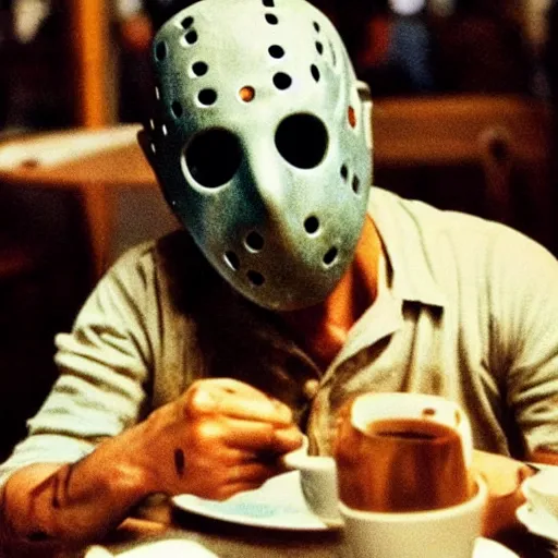 Image similar to photograph of jason voorhees having a coffee at an european caffé, light and cheerful photograph, nostalgic look