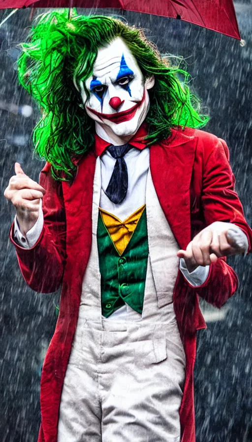 Prompt: joaquin pheonix as the joker, in the rain