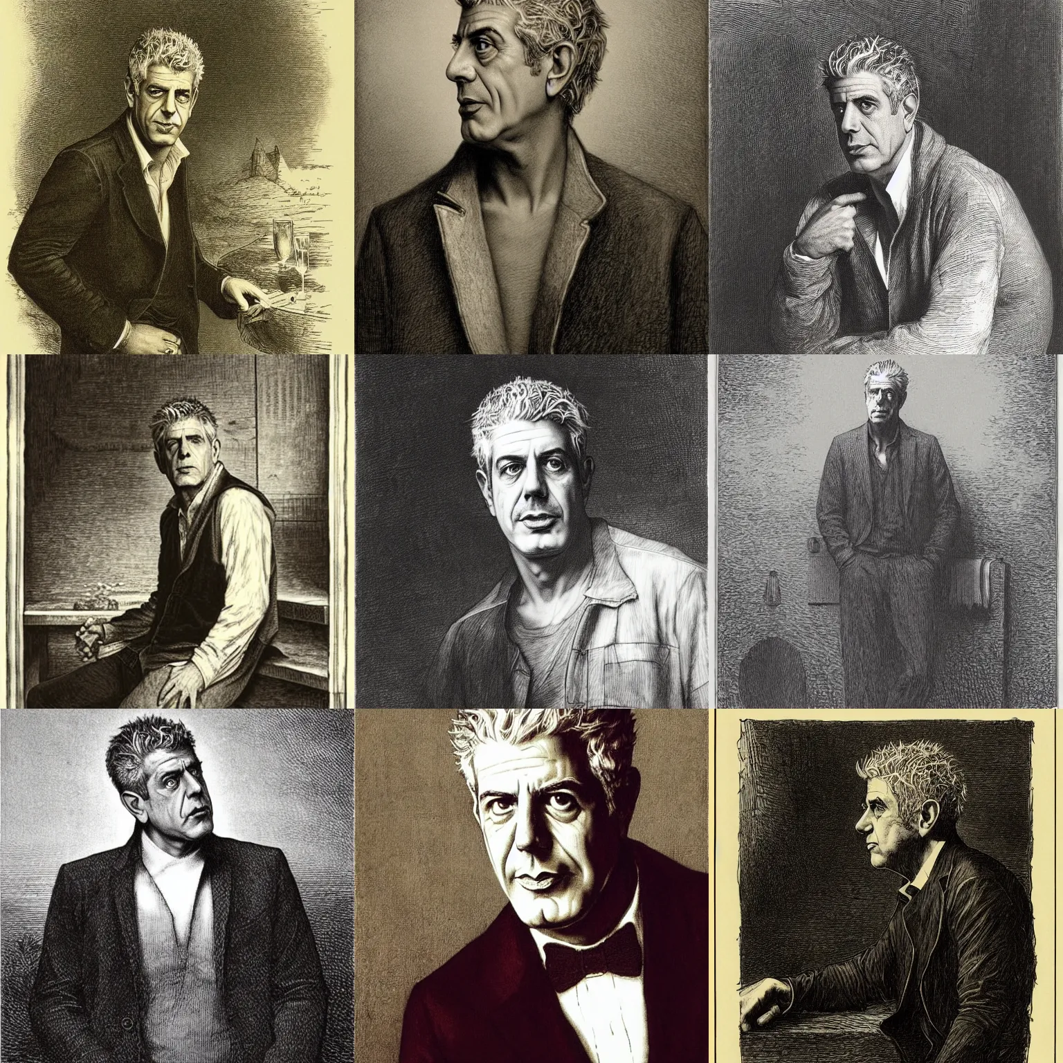 Prompt: anthony bourdain by gustave dore