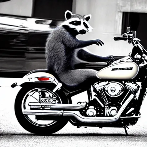 Prompt: racoon driving an harley davidson