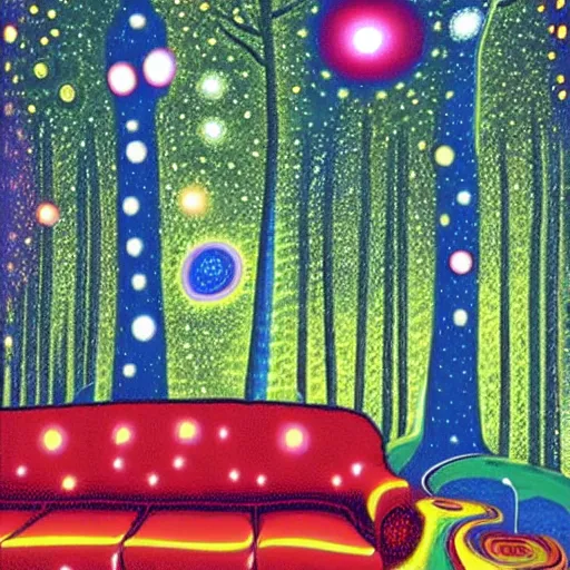 Prompt: psychedelic trippy couch pine forest, planets, milky way, sofa, cartoon by rob gonsalves, sharp focus, colorful refracted sparkles and lines, soft light