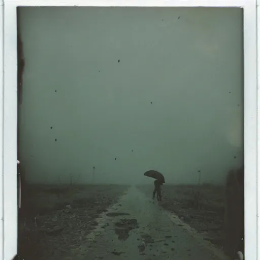 Prompt: old polaroid of a big weird creature walking on a destroyed city, rain, dark sky