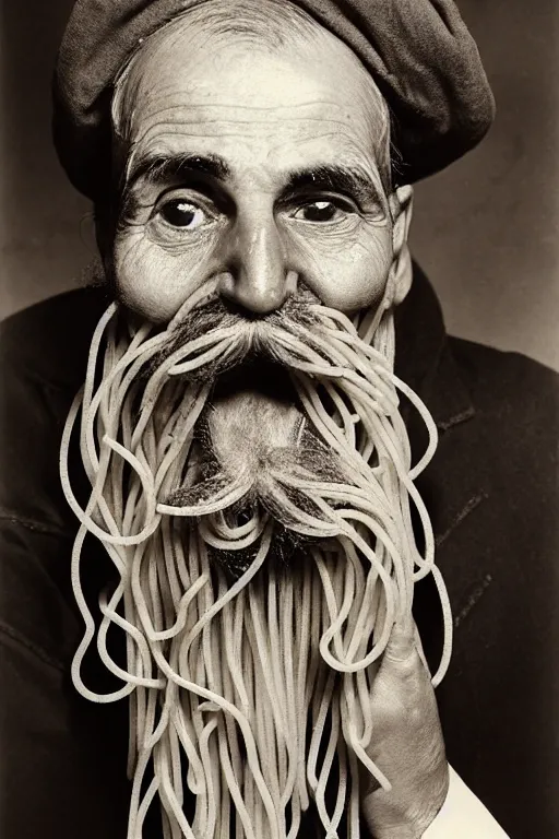 Image similar to extremely detailed portrait of old italian cook, spaghetti mustache, slurping spaghetti, spaghetti in the nostrils, spaghetti hair, spaghetti beard, huge surprised eyes, shocked expression, scarf made from spaghetti, full frame, award winning photo by george hurrell