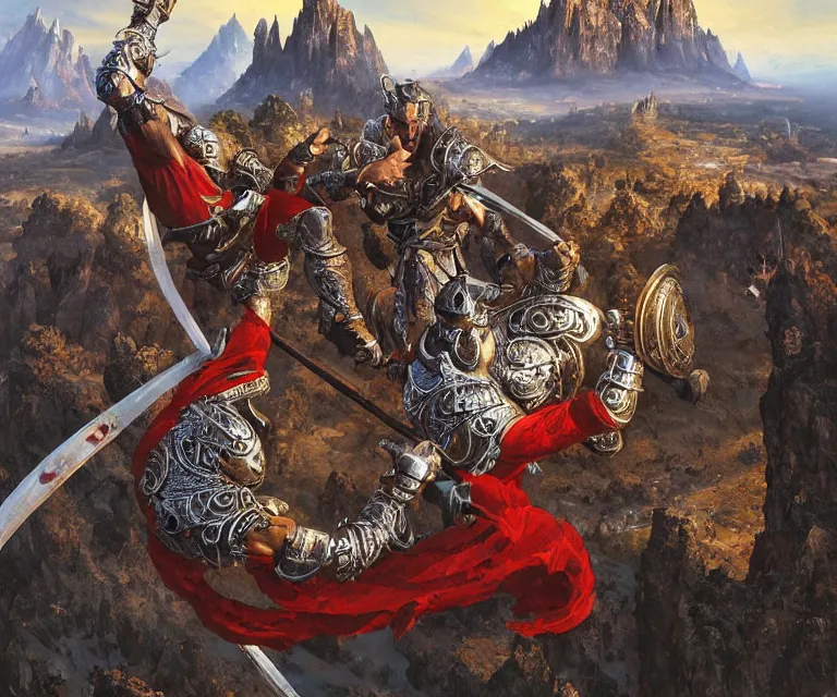 Image similar to wide angle shot from above of silver ornate armor slim muay thai handsome warriors in battle!!! mountains and giant gothic abbeys in the background, fine detail, 8 k, high contrast color scheme, blue at the background red at the foreground!!!, dynamic perspective, painted movie poster by greg rutkowski and peter mohrbacher