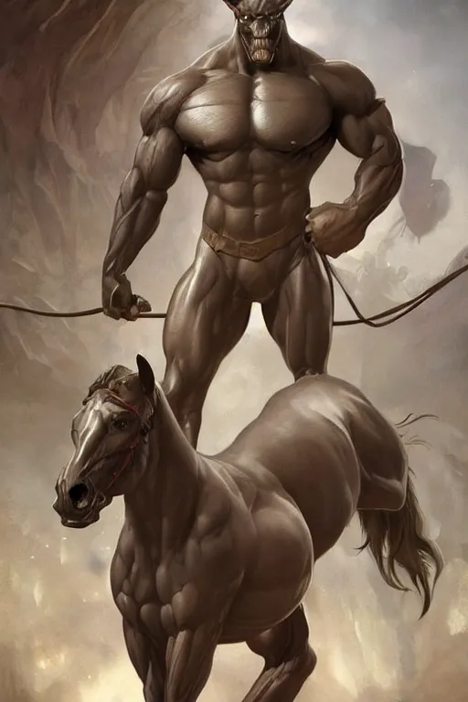 Image similar to splash art of a monstrously buff and muscular anthropomorphic horse at a research facility wearing a power - restricting suit, leather suit, highly detailed, digital painting, trending on artstation, concept art, sharp smooth focus, illustration, art by artgerm and greg rutkowski and alphonse mucha