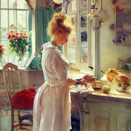 Image similar to beautiful blonde woman, making breakfast, morning, painting volegov carl larsson