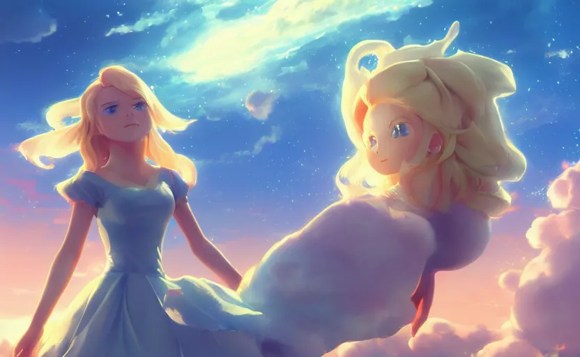 Image similar to Princess rosalina, anime painting, 3d render, hyper realistic, dramatic lighting, the sky is a nebula on fire, 8k hdr pixiv dslr photo by Makoto Shinkai ilya kuvshinov and Wojtek Fus, digital art, concept art,